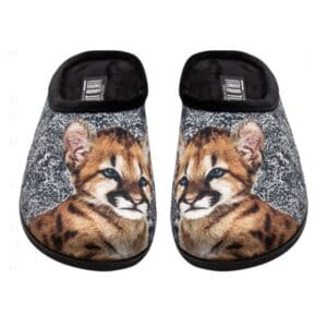 A pair of slippers with a picture of a cat.