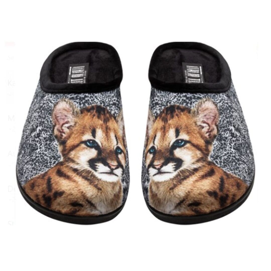 A pair of slippers with a picture of a cat.