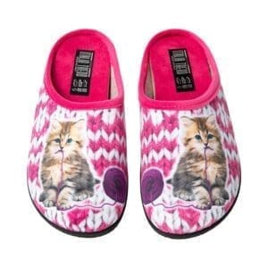 A pair of pink slippers with a cat on them.