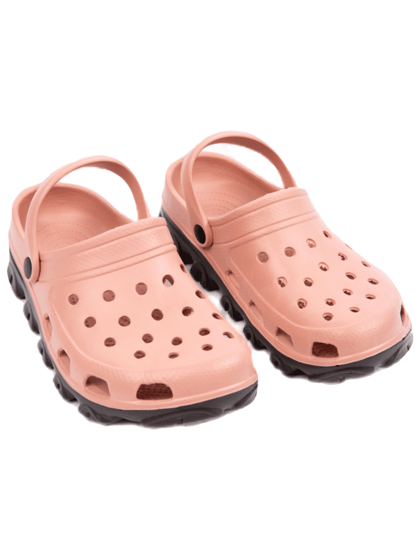 A pair of pink and black shoes on a white background