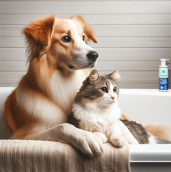 Dog and cat in bathtub, pet shampoo nearby.