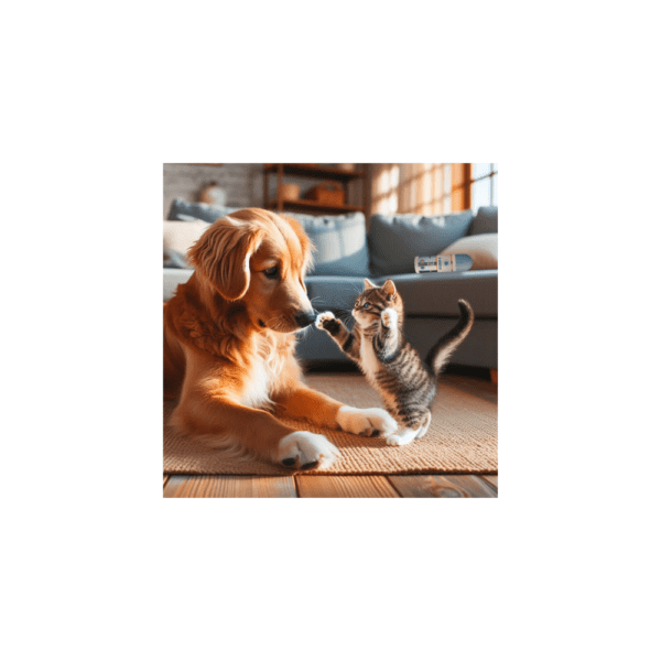 Golden Retriever dog and kitten playing.